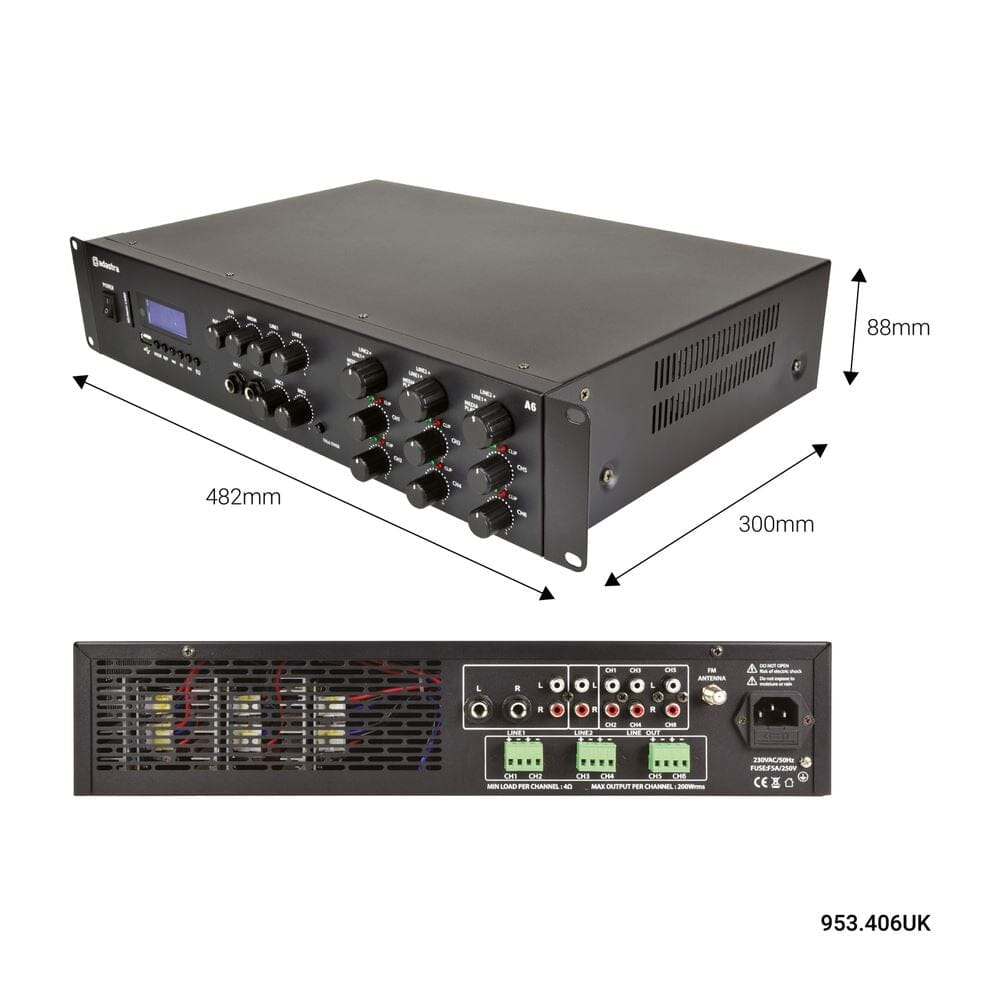 Adastra A6 6 x 200W Stereo Amplifier with FM Radio/Bluetooth & Media Player Amplifiers Adastra
