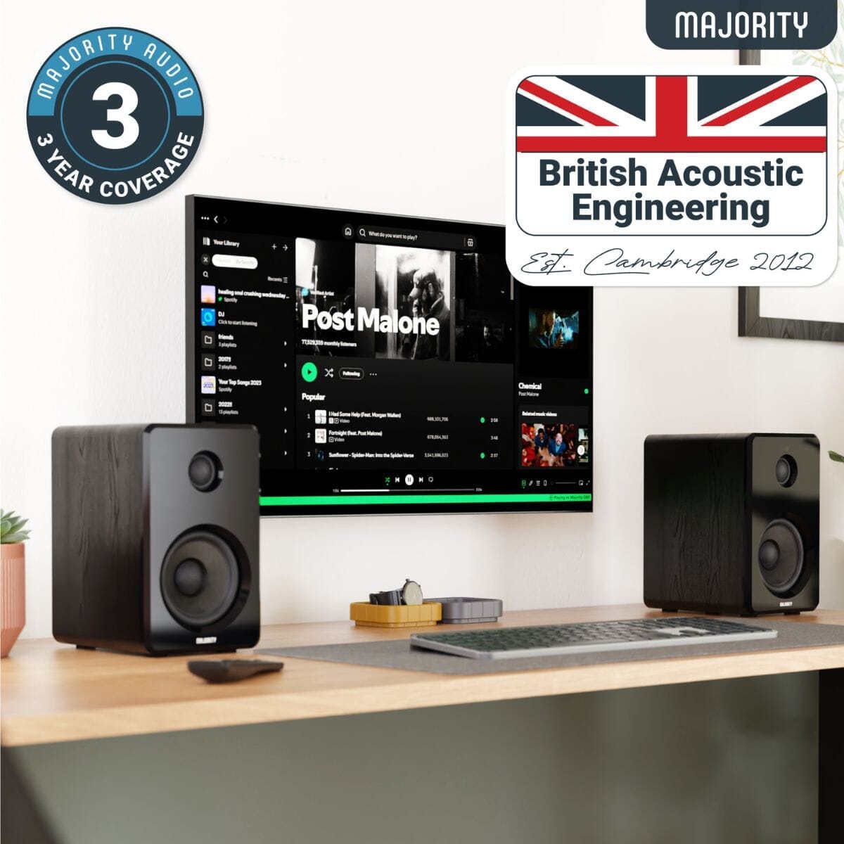 Majority D40 Active Bookshelf Speakers - Bluetooth & USB - 60W Active Speakers Majority