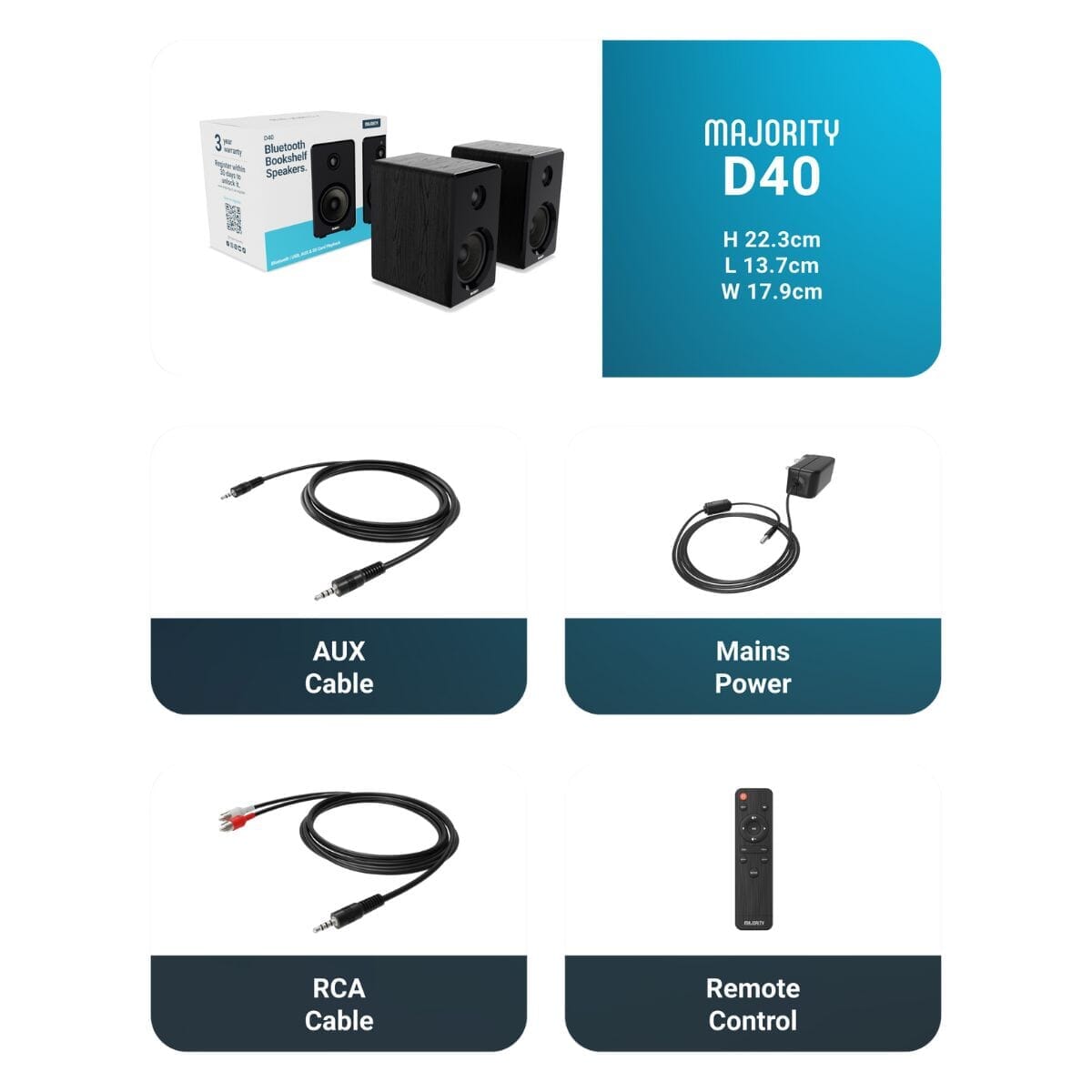 Majority D40 Active Bookshelf Speakers - Bluetooth & USB - 60W Active Speakers Majority