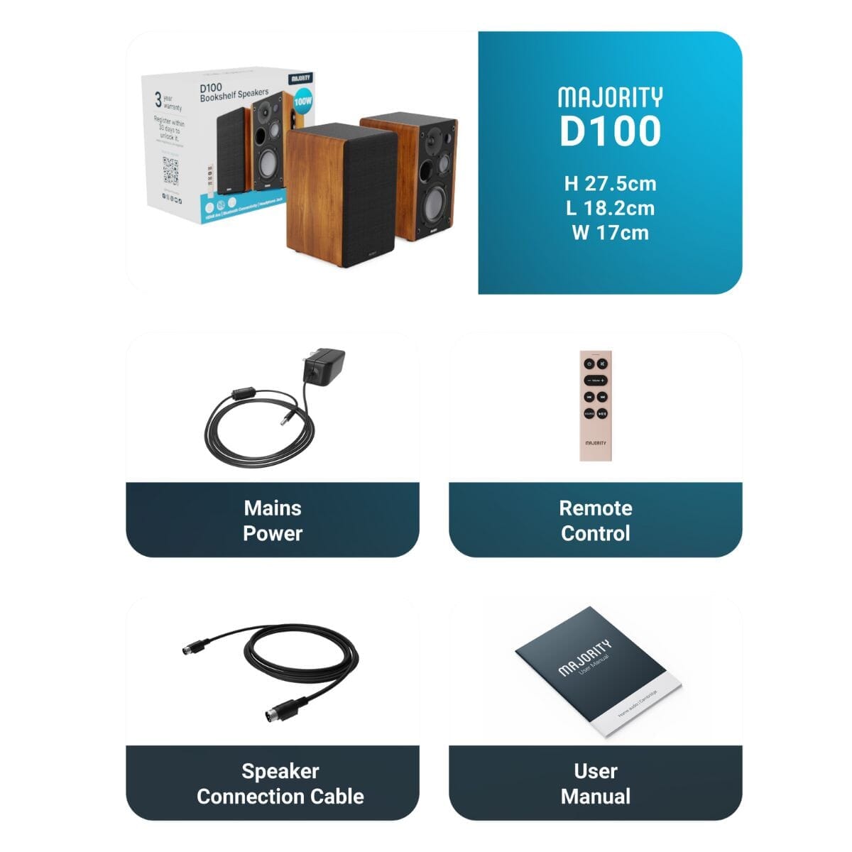 Majority D100 Active Bookshelf Speakers - Bluetooth, HDMI, USB - 100W Active Speakers Majority 