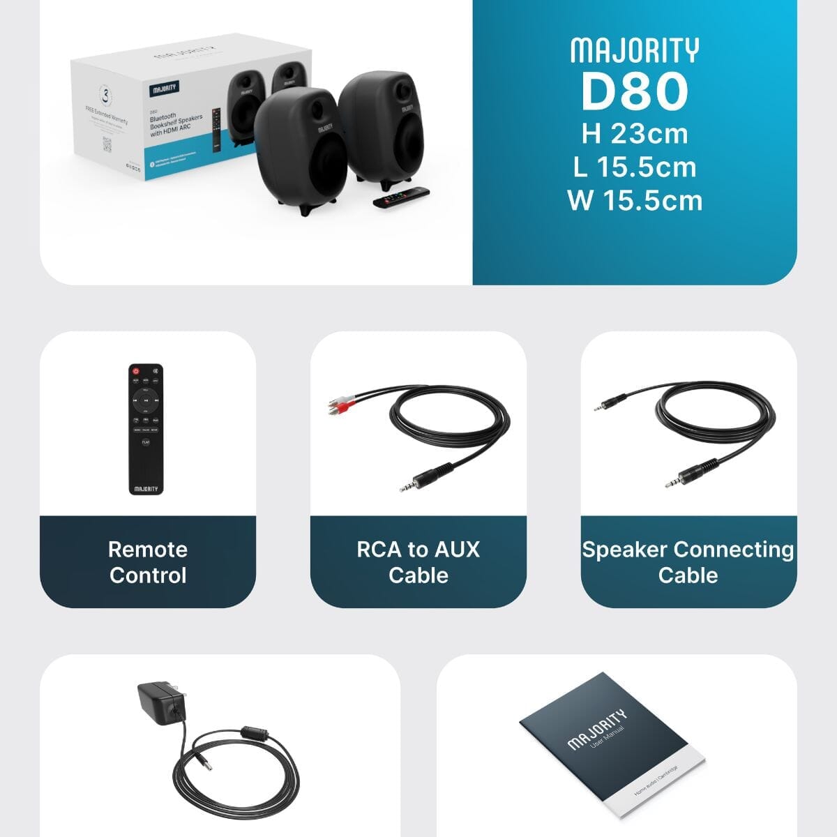 Majority D80 Active Bookshelf Speakers - Bluetooth, HDMI, USB - 80W Active Speakers Majority 