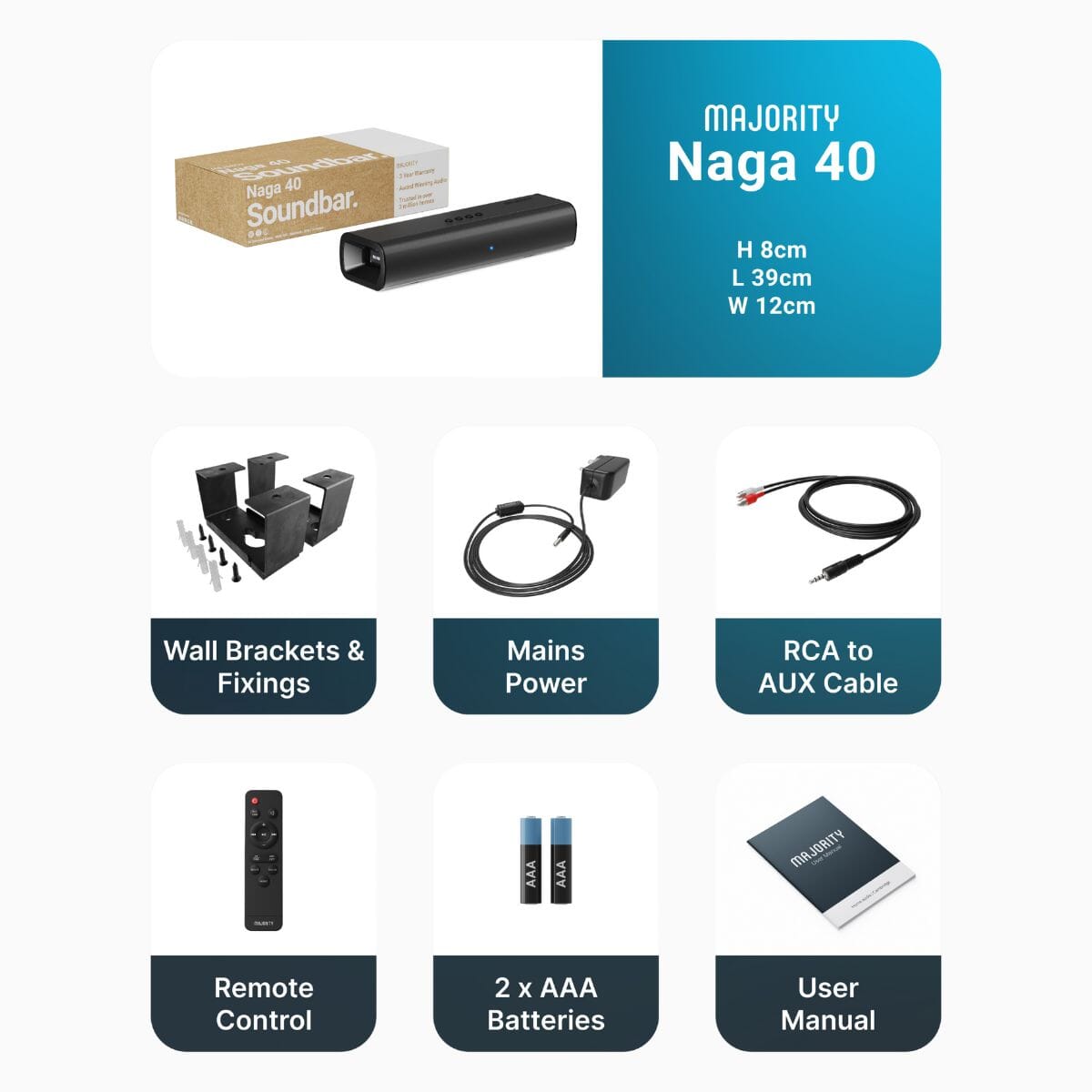 Majority Naga 40 Soundbar - 70W - Bluetooth, HDMI Soundbars Majority 