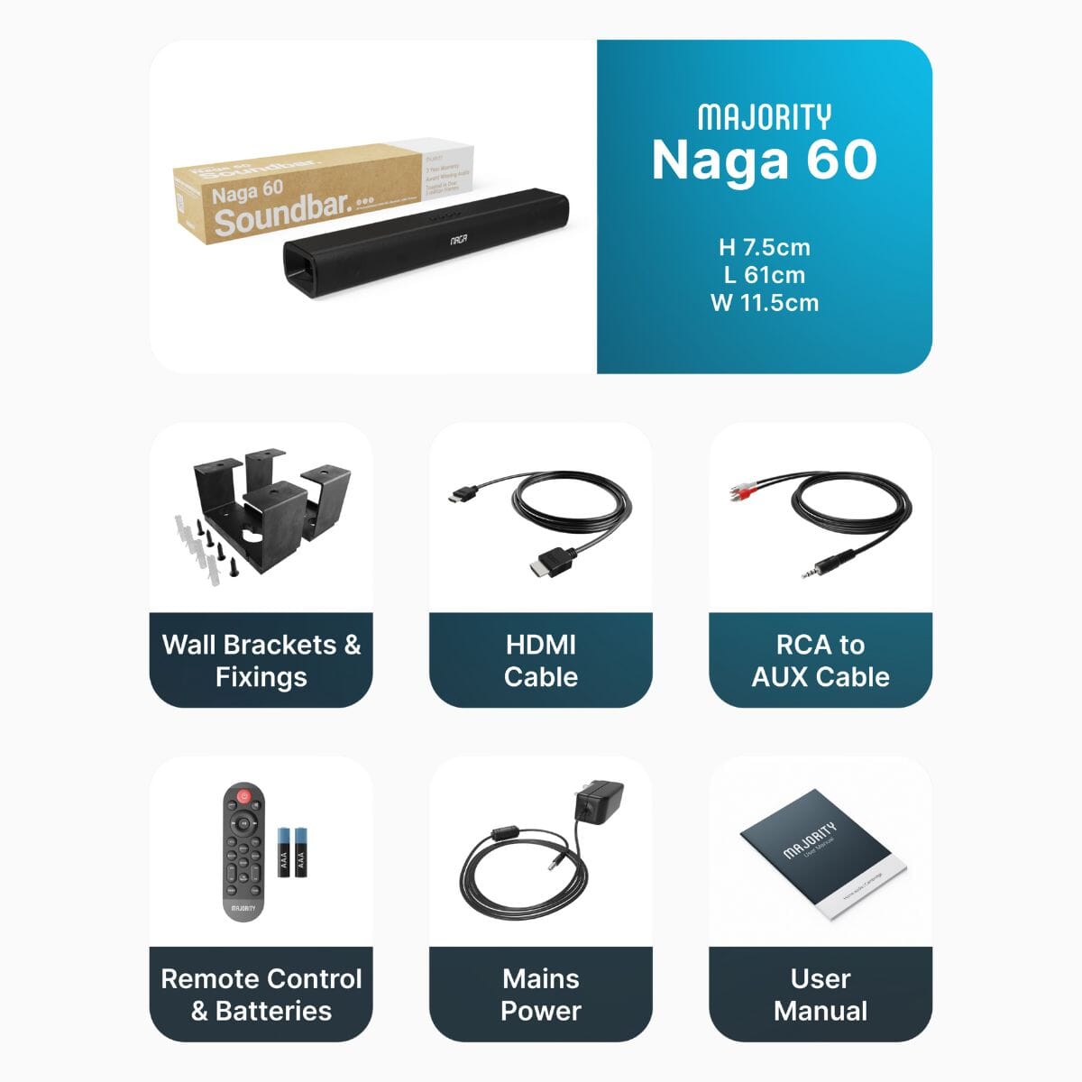 Majority Naga 60 2.1 Soundbar with Built-In Subwoofer - 120W - Bluetooth, HDMI Soundbars Majority 