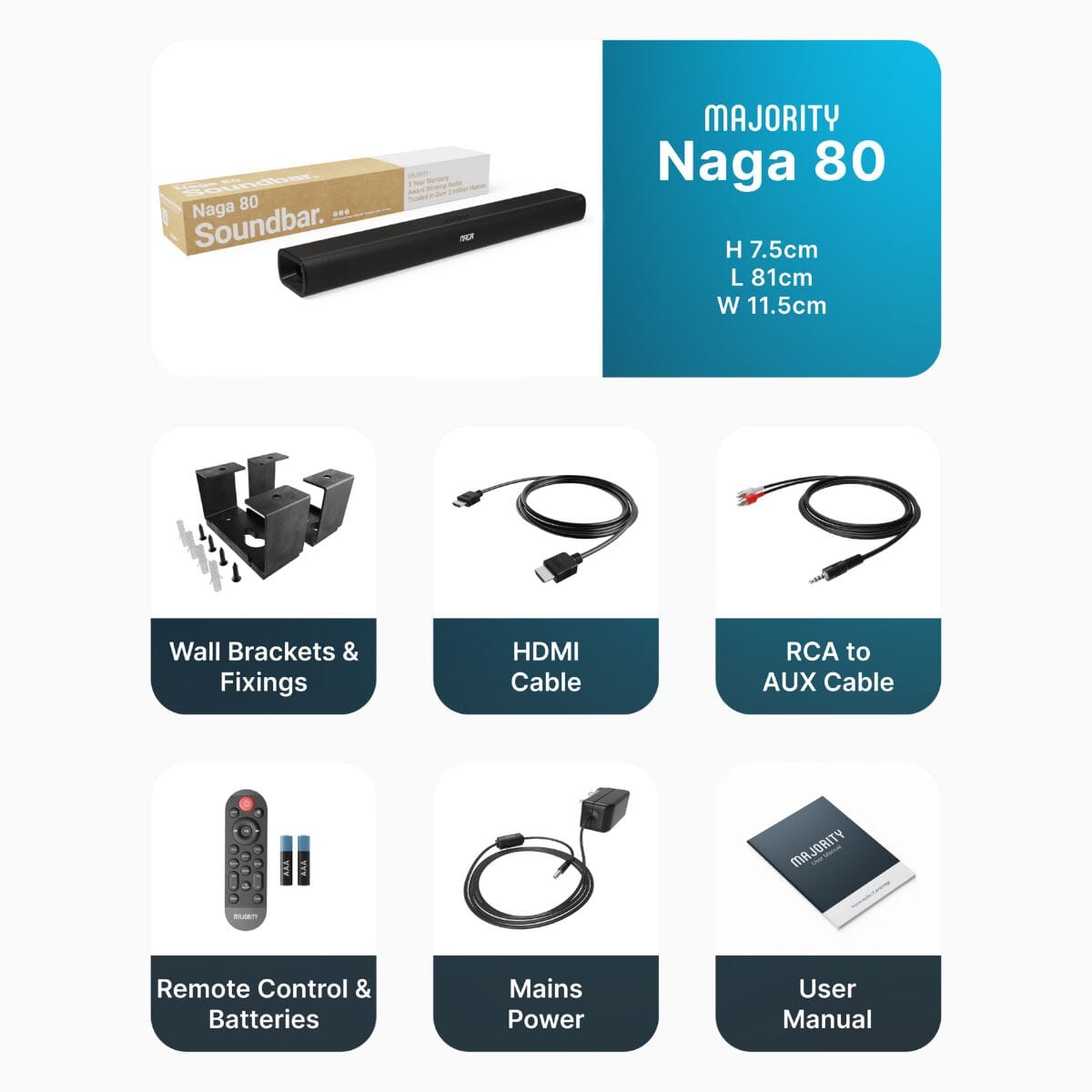 Majority Naga 80 2.1 Soundbar with Built-In Subwoofer - 140W - Bluetooth, HDMI Soundbars Majority 