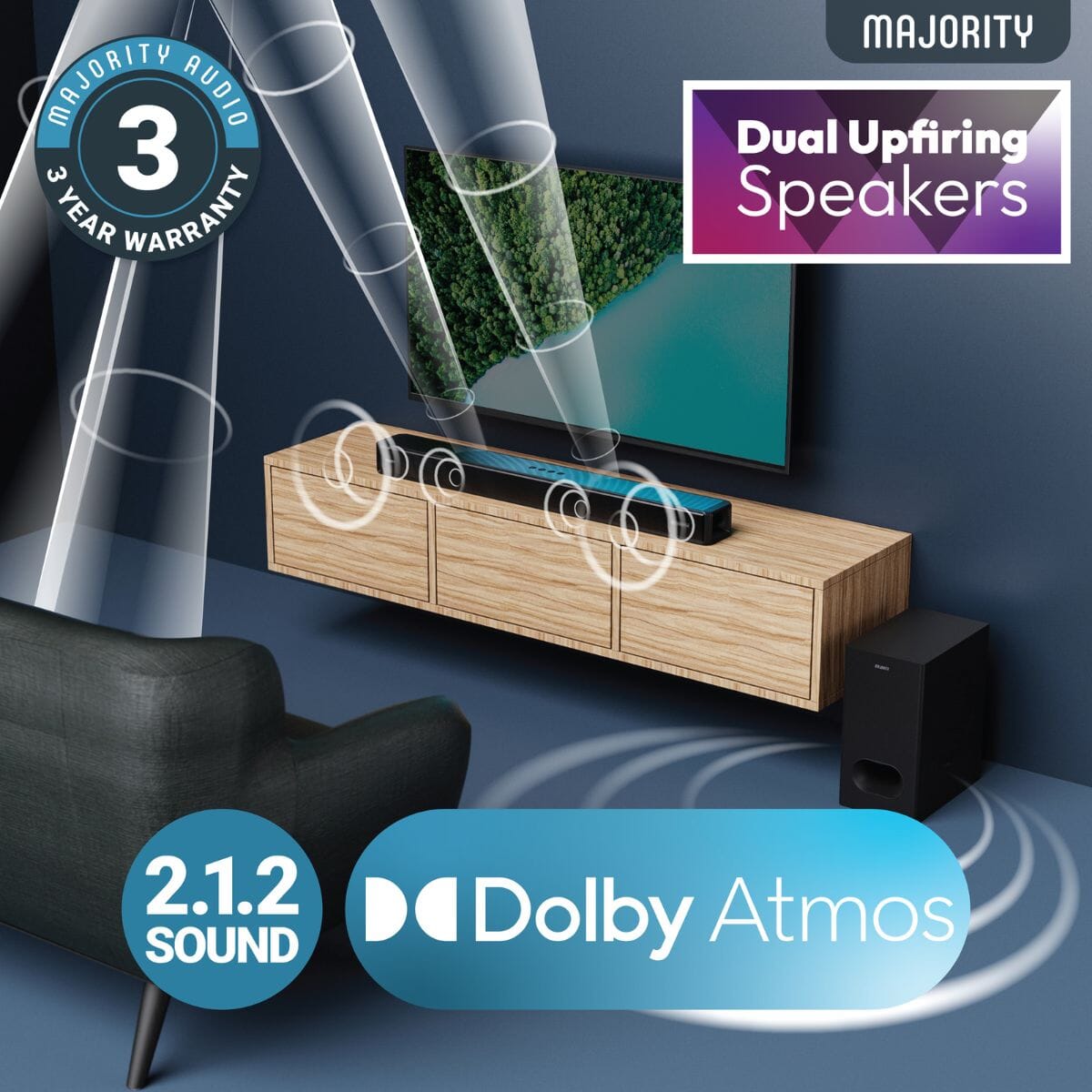 Majority Sierra Plus 2.1.2 Dolby Atmos Soundbar with Wireless Subwoofer - 400W - Bluetooth, HDMI Soundbars Majority 