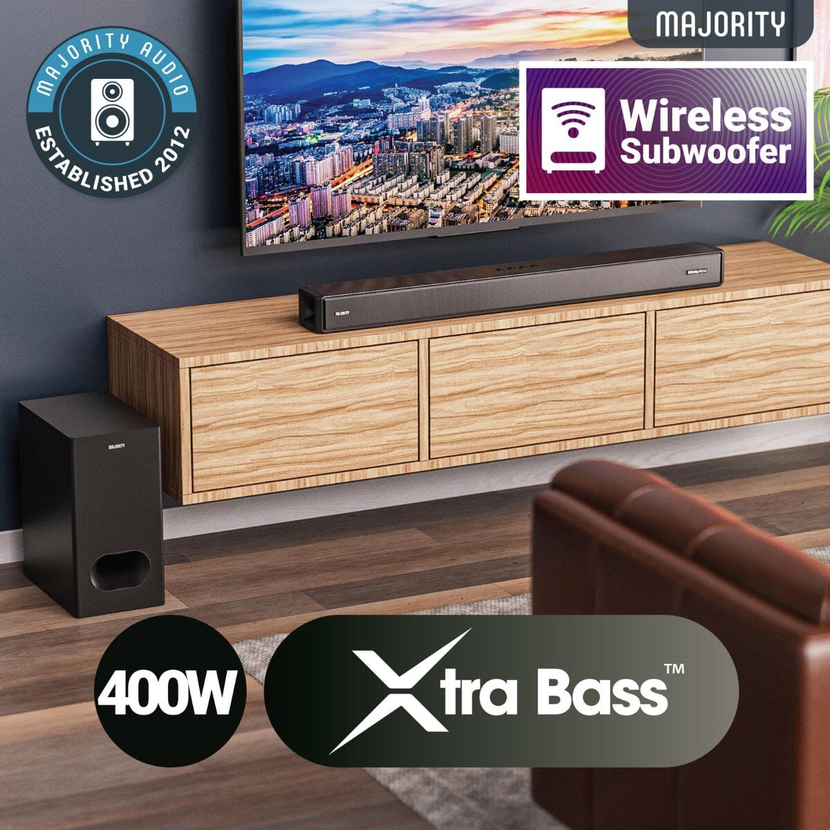 Majority Sierra Plus 2.1.2 Dolby Atmos Soundbar with Wireless Subwoofer - 400W - Bluetooth, HDMI Soundbars Majority 