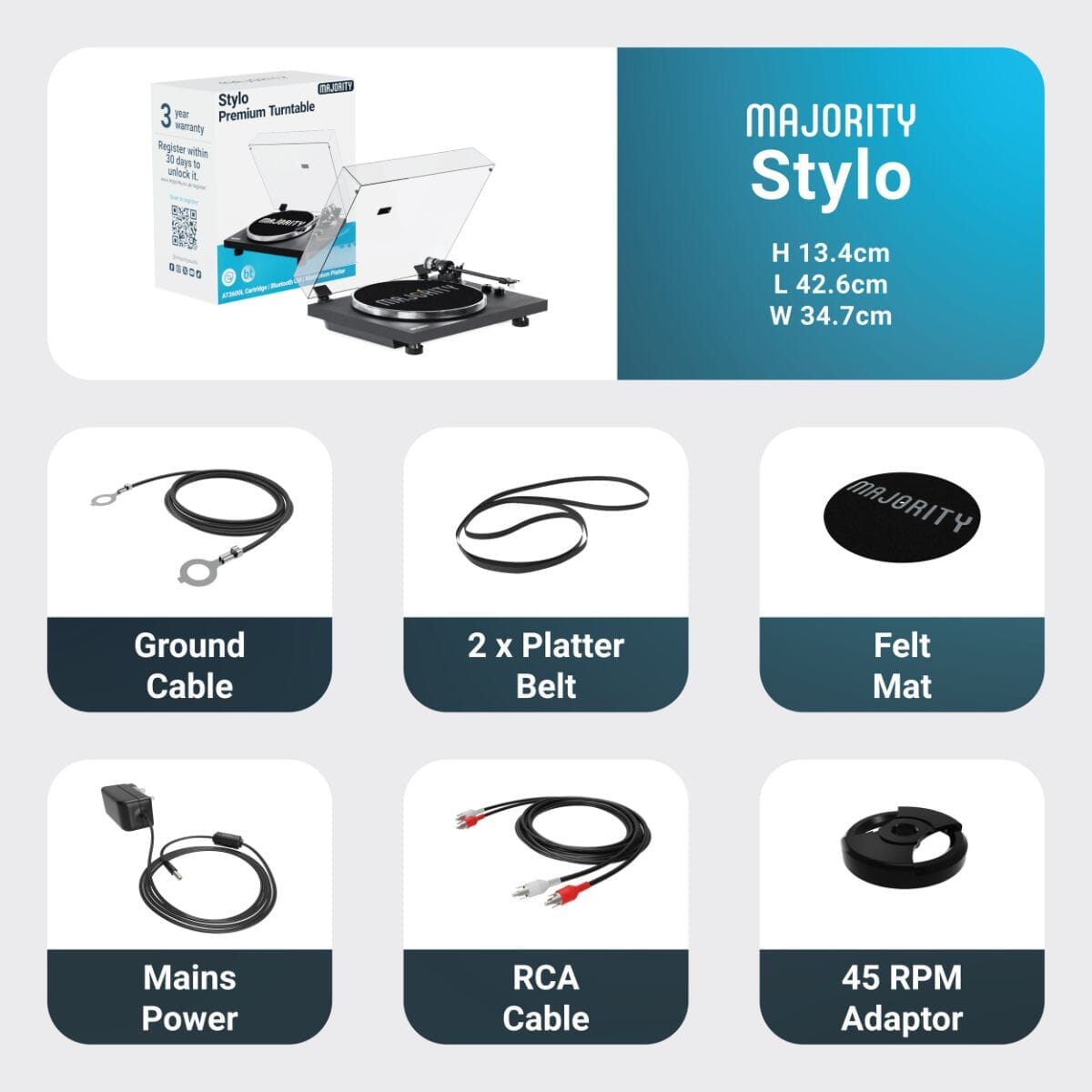 Majority Stylo Bluetooth Turntable - Manual - 2 Speed Turntables Majority 